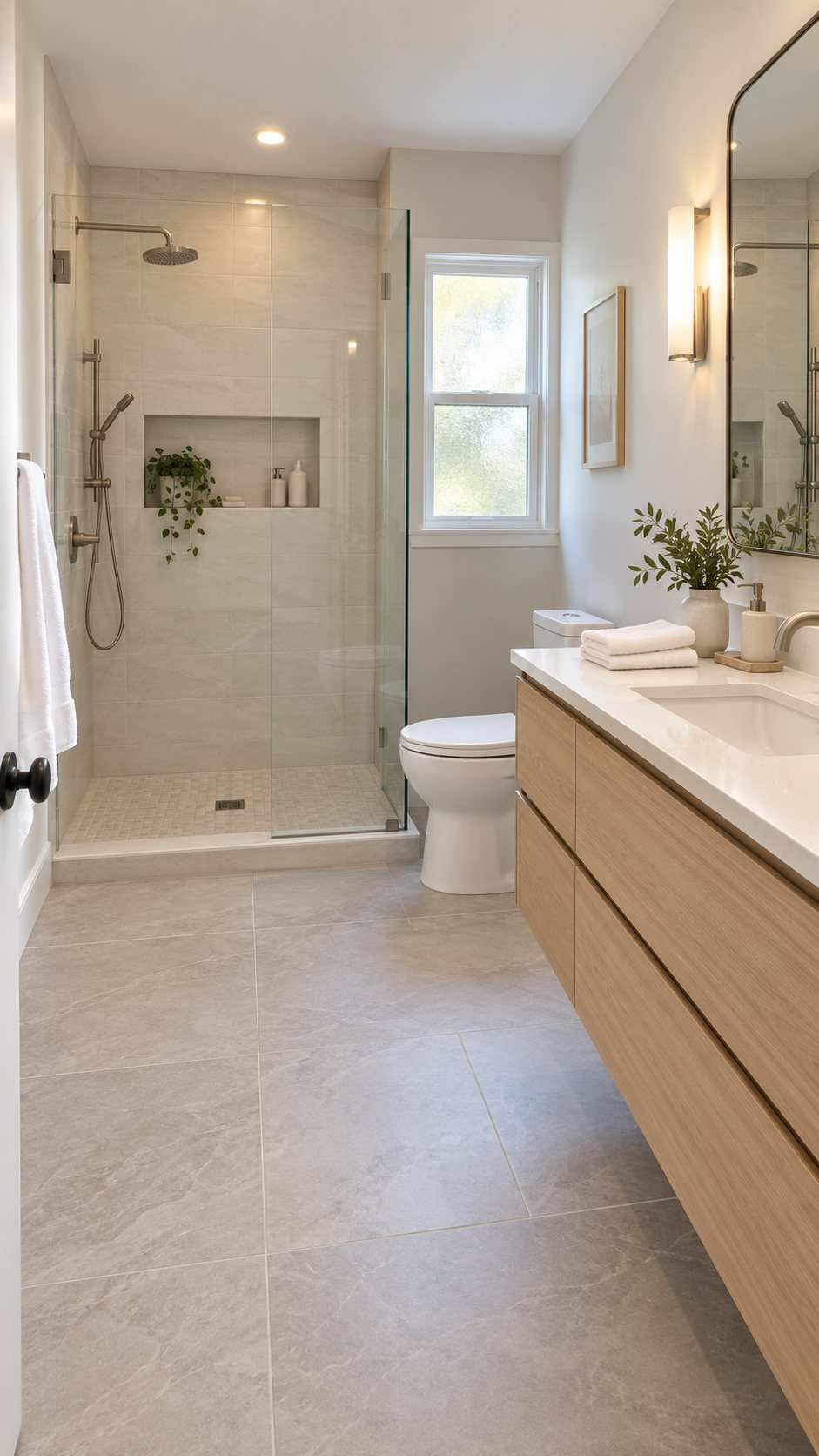 Illustrative bathroom renovation with a walk-in shower and vanity